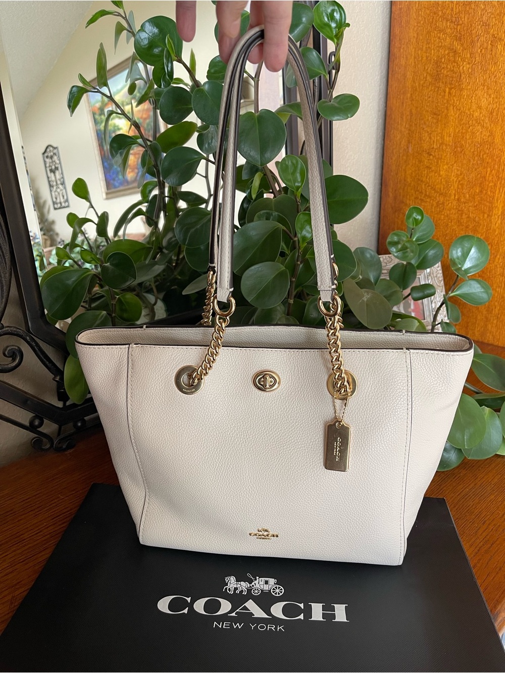 Coach Turnlock Chain Tote in Chalk